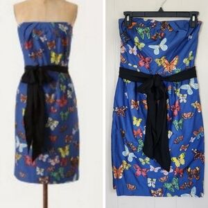 Anthropologie Nathalie Lete Paris butterfly dress blue strapless sash belt 2